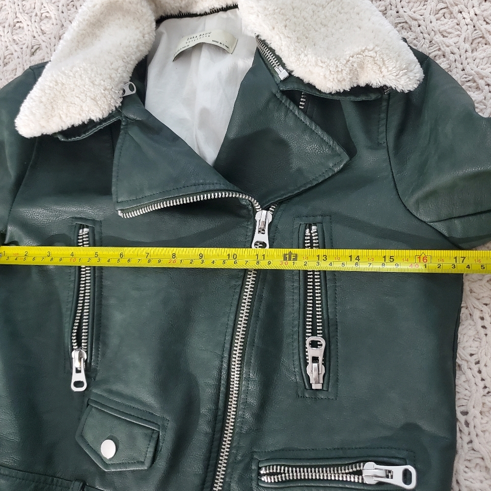Green Shearling Aviator Collar Versatile Moto Jacket - Picture 16 of 16